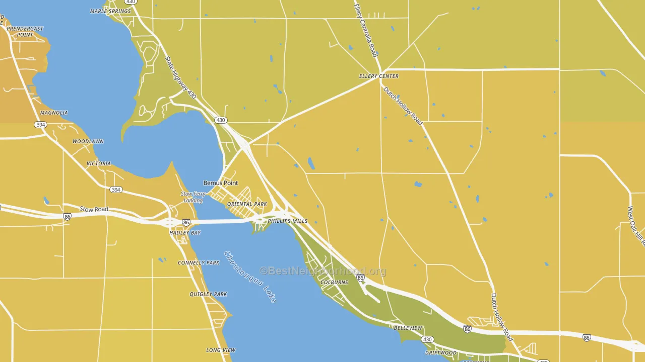 Map of the best neighborhoods in the 14712 area, with better matches in green and worse matches in red