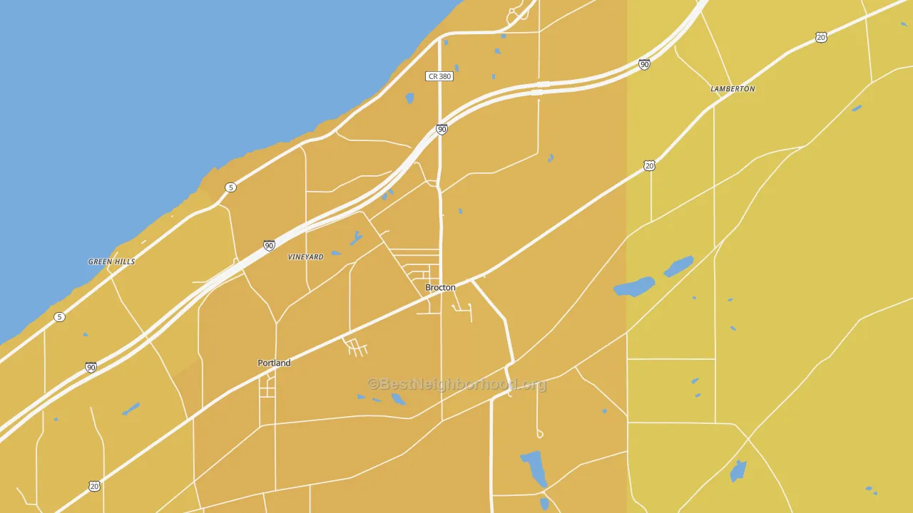 Map of the best neighborhoods in the 14716 area, with better matches in green and worse matches in red
