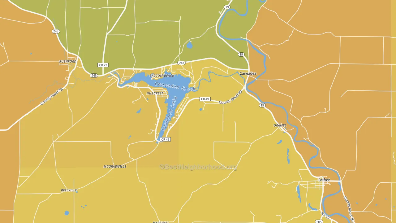 Map of the best neighborhoods in the 14717 area, with better matches in green and worse matches in red