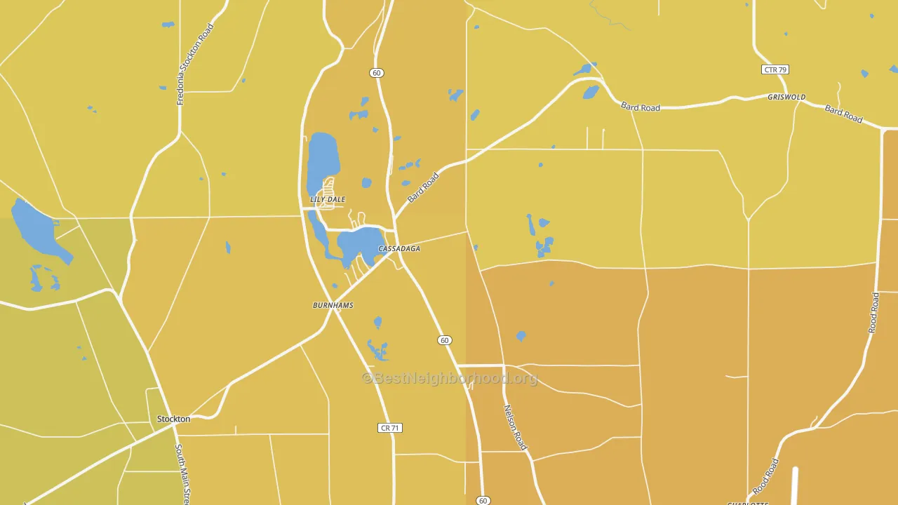 Map of the best neighborhoods in the 14718 area, with better matches in green and worse matches in red