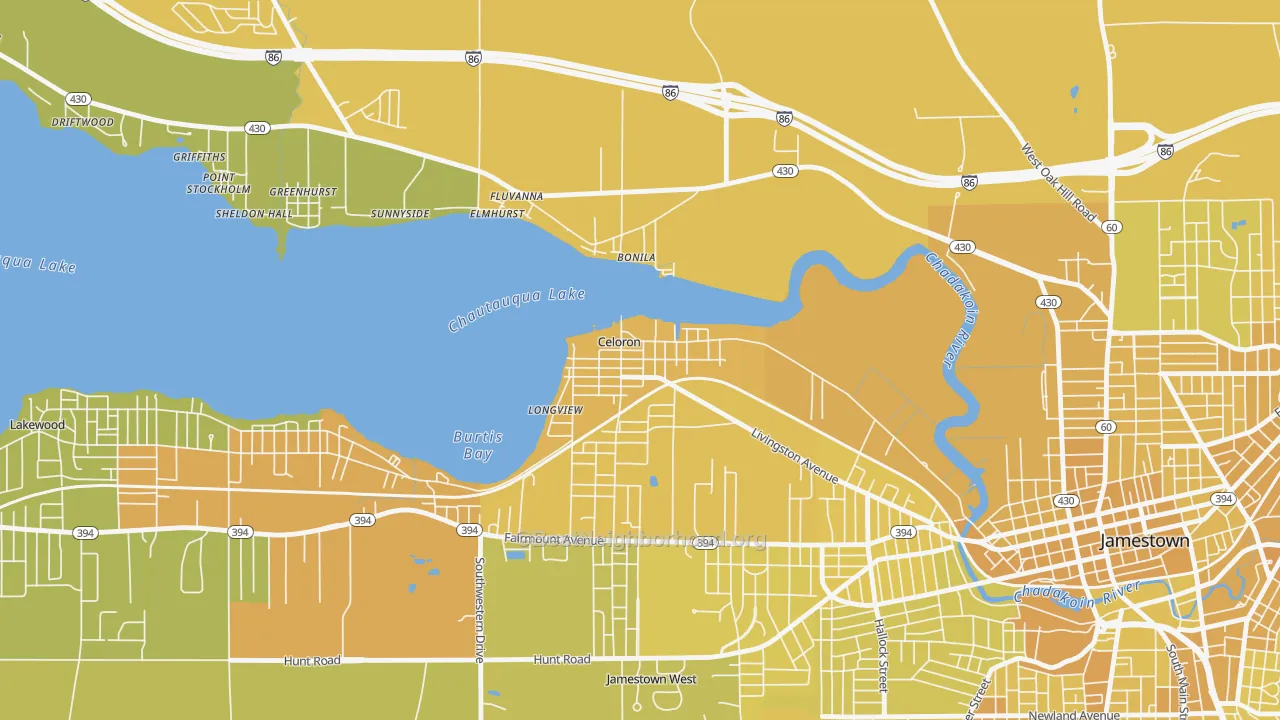 Map of the best neighborhoods in the 14720 area, with better matches in green and worse matches in red