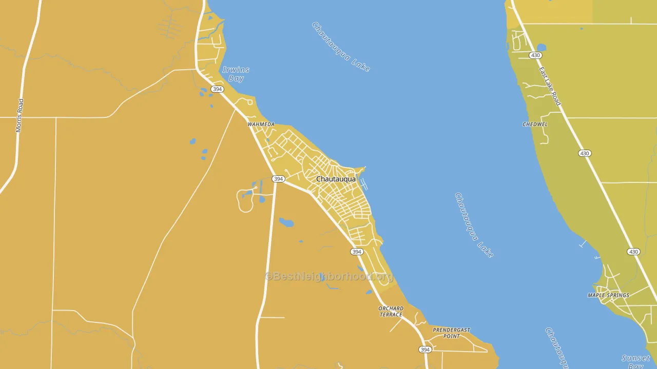 Map of the best neighborhoods in the 14722 area, with better matches in green and worse matches in red