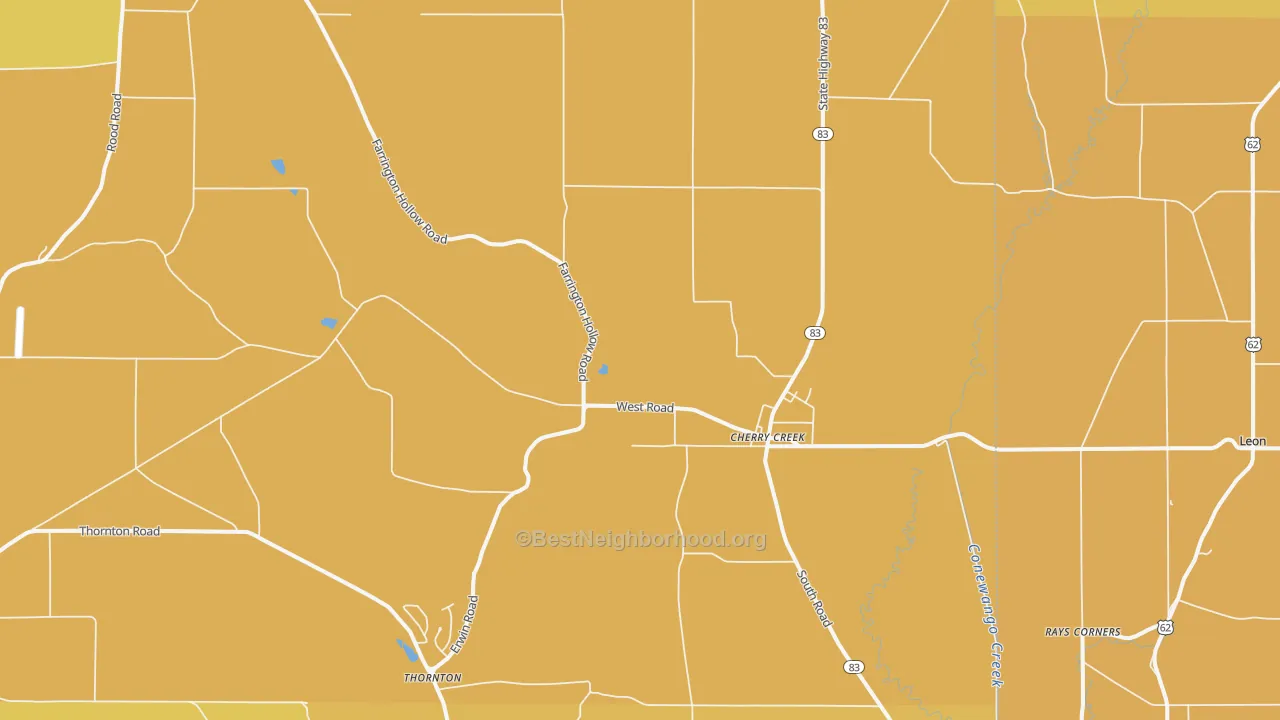 Map of the best neighborhoods in the 14723 area, with better matches in green and worse matches in red