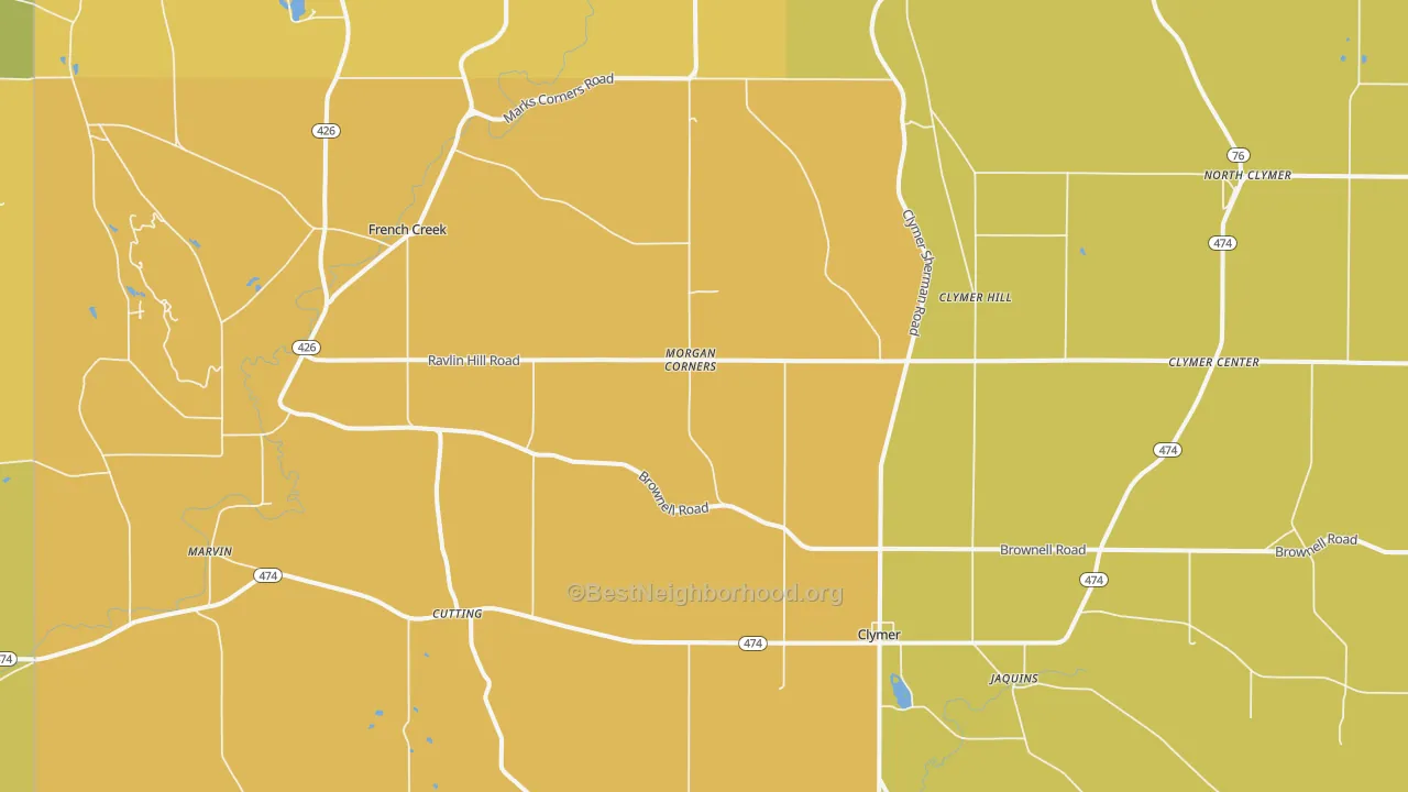 Map of the best neighborhoods in the 14724 area, with better matches in green and worse matches in red