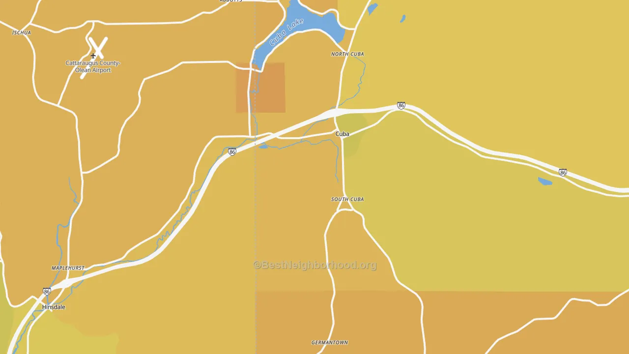 Map of the best neighborhoods in the 14727 area, with better matches in green and worse matches in red