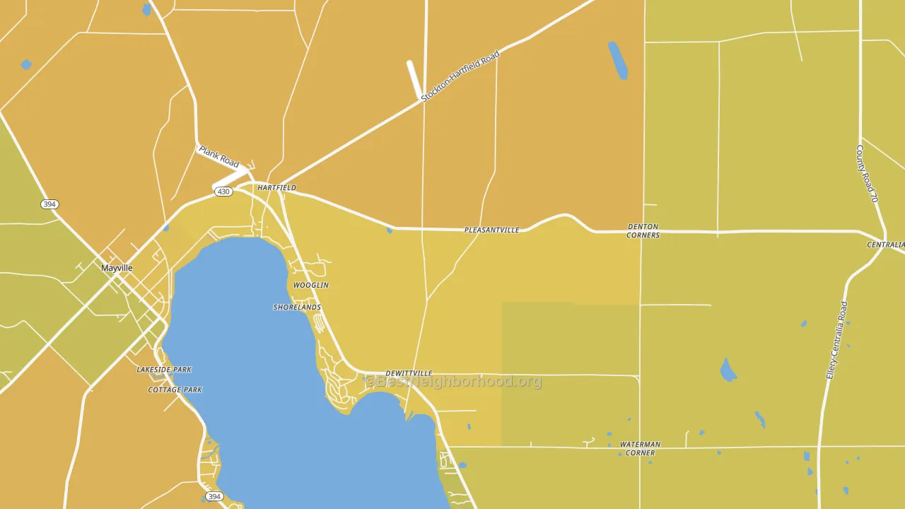 Map of the best neighborhoods in the 14728 area, with better matches in green and worse matches in red