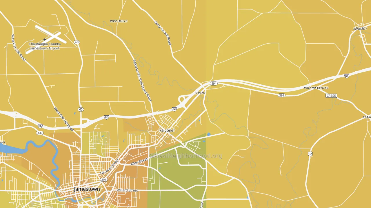 Map of the best neighborhoods in the 14733 area, with better matches in green and worse matches in red