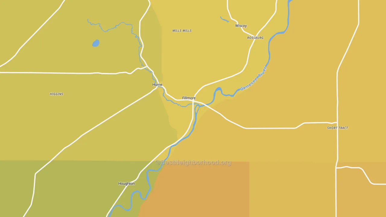 Map of the best neighborhoods in the 14735 area, with better matches in green and worse matches in red