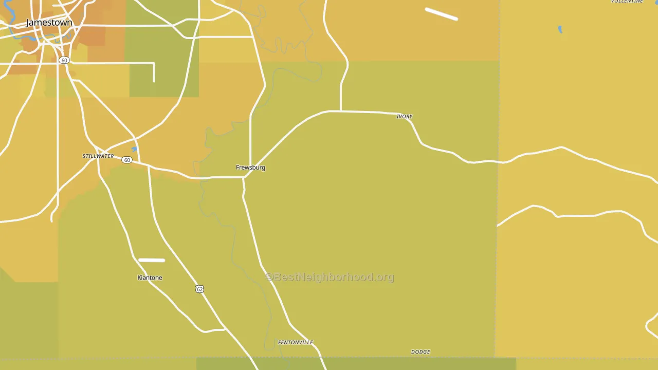 Map of the best neighborhoods in the 14738 area, with better matches in green and worse matches in red