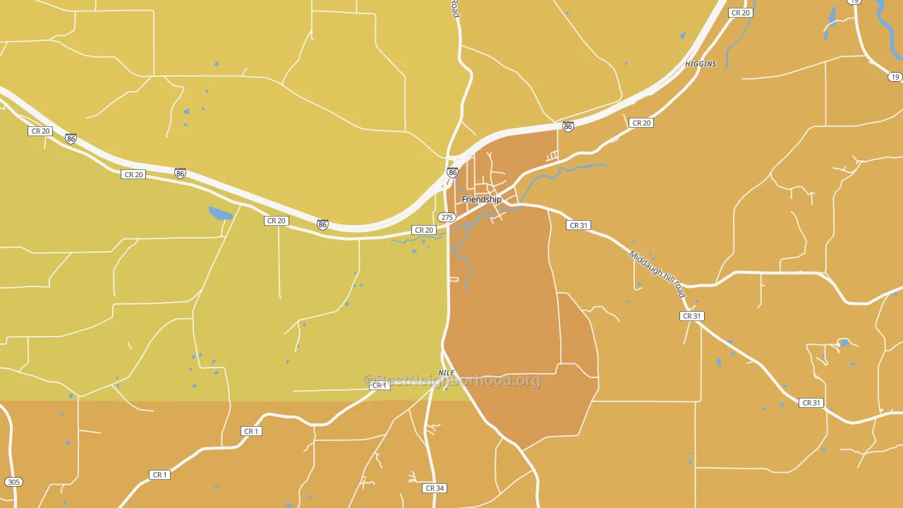 Map of the best neighborhoods in the 14739 area, with better matches in green and worse matches in red