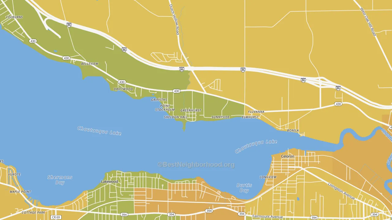 Map of the best neighborhoods in the 14742 area, with better matches in green and worse matches in red