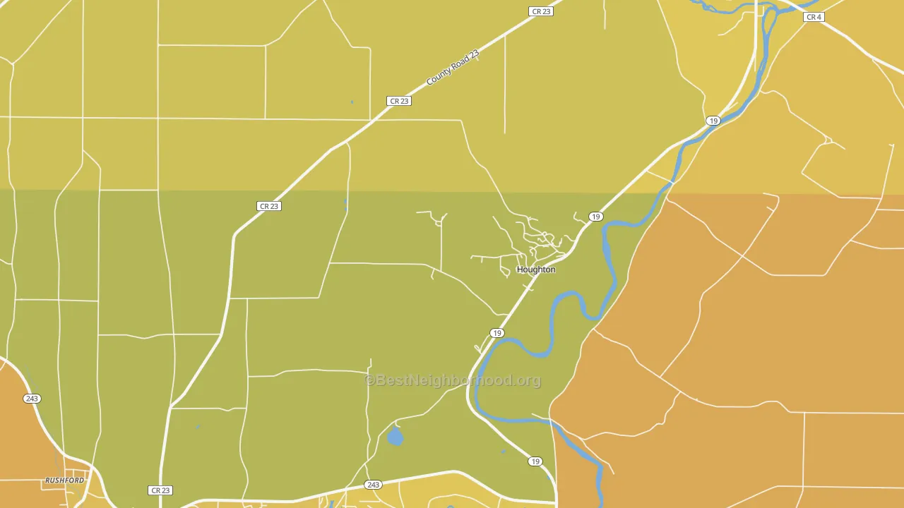 Map of the best neighborhoods in the 14744 area, with better matches in green and worse matches in red