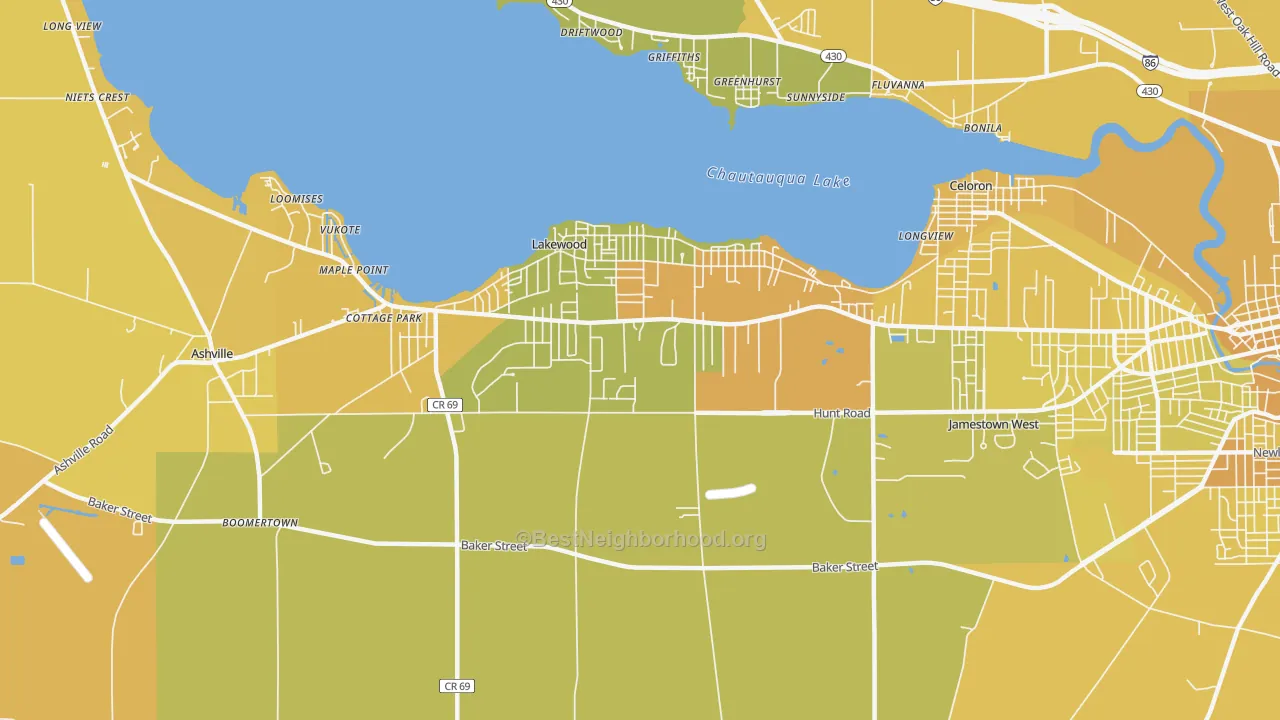 Map of the best neighborhoods in the 14750 area, with better matches in green and worse matches in red