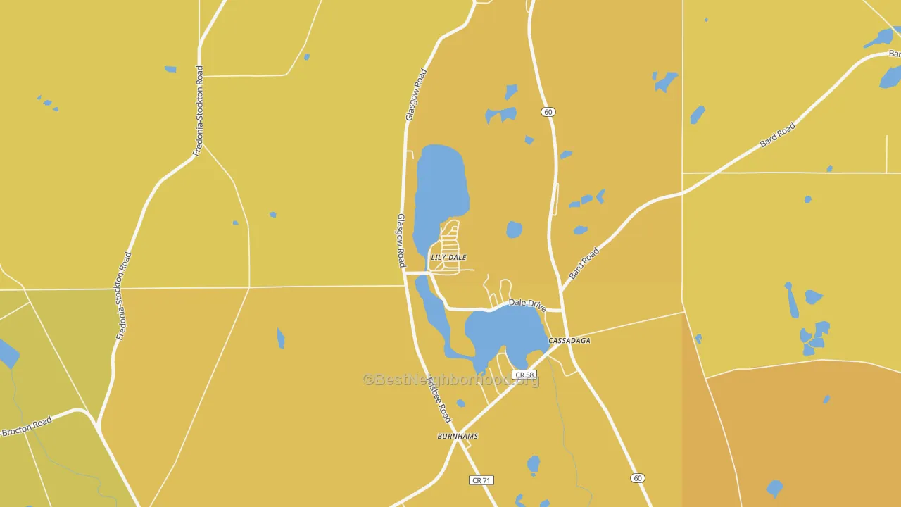 Map of the best neighborhoods in the 14752 area, with better matches in green and worse matches in red