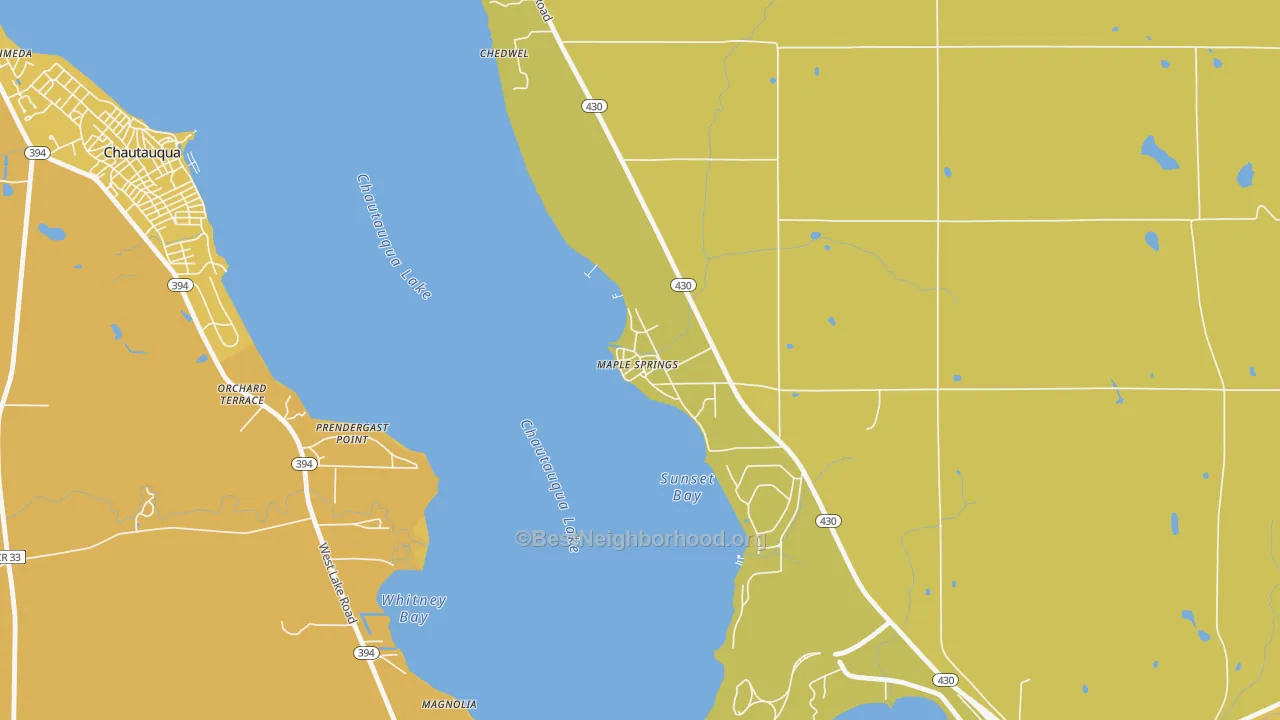 Map of the best neighborhoods in the 14756 area, with better matches in green and worse matches in red