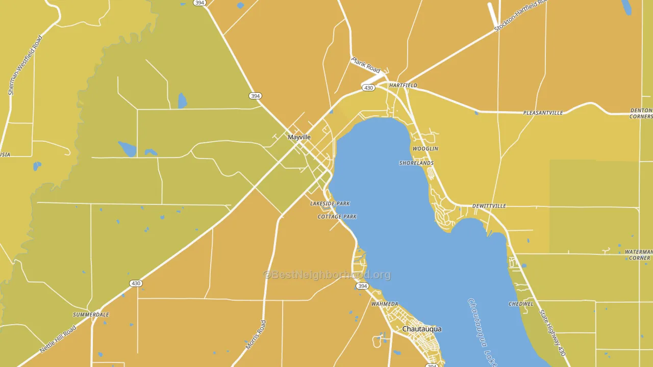 Map of the best neighborhoods in the 14757 area, with better matches in green and worse matches in red