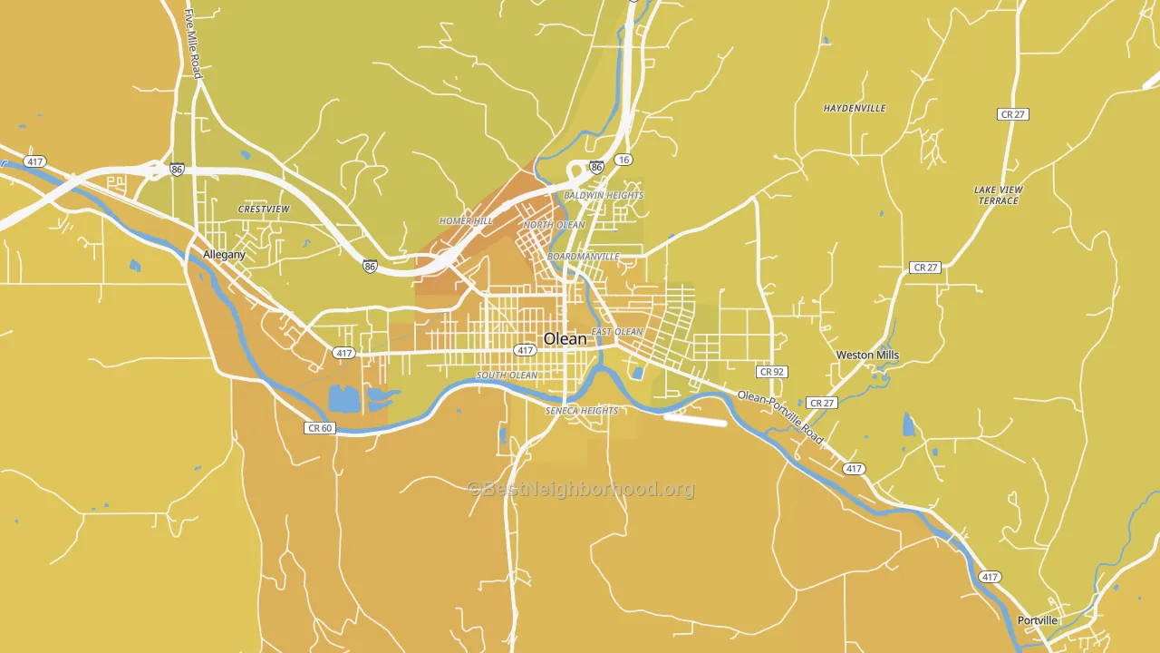 Map of the best neighborhoods in the 14760 area, with better matches in green and worse matches in red