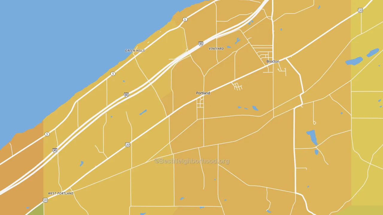 Map of the best neighborhoods in the 14769 area, with better matches in green and worse matches in red