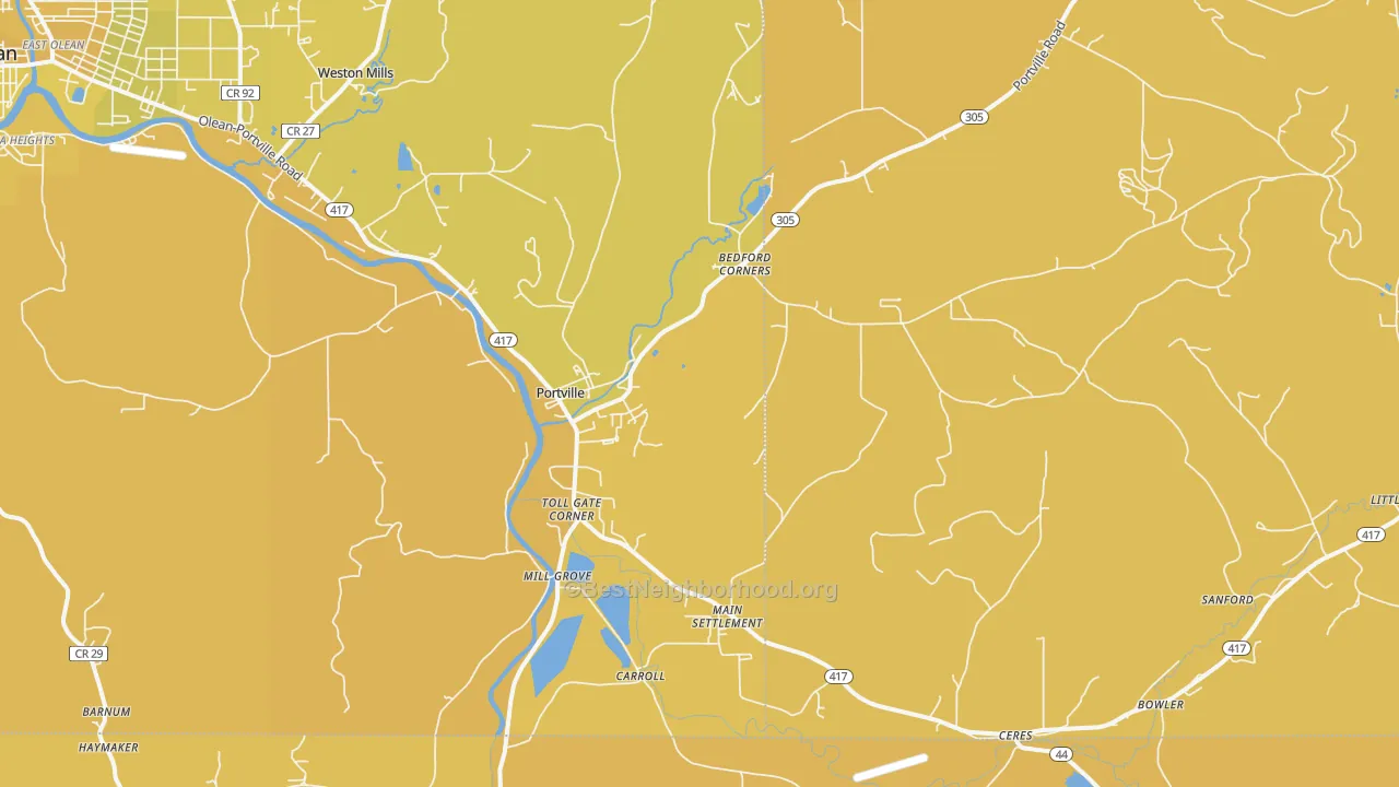 Map of the best neighborhoods in the 14770 area, with better matches in green and worse matches in red