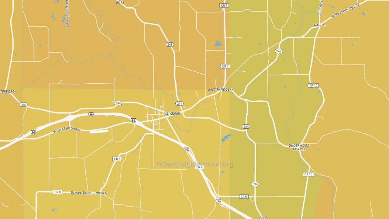 Map of the best neighborhoods in the 14772 area, with better matches in green and worse matches in red