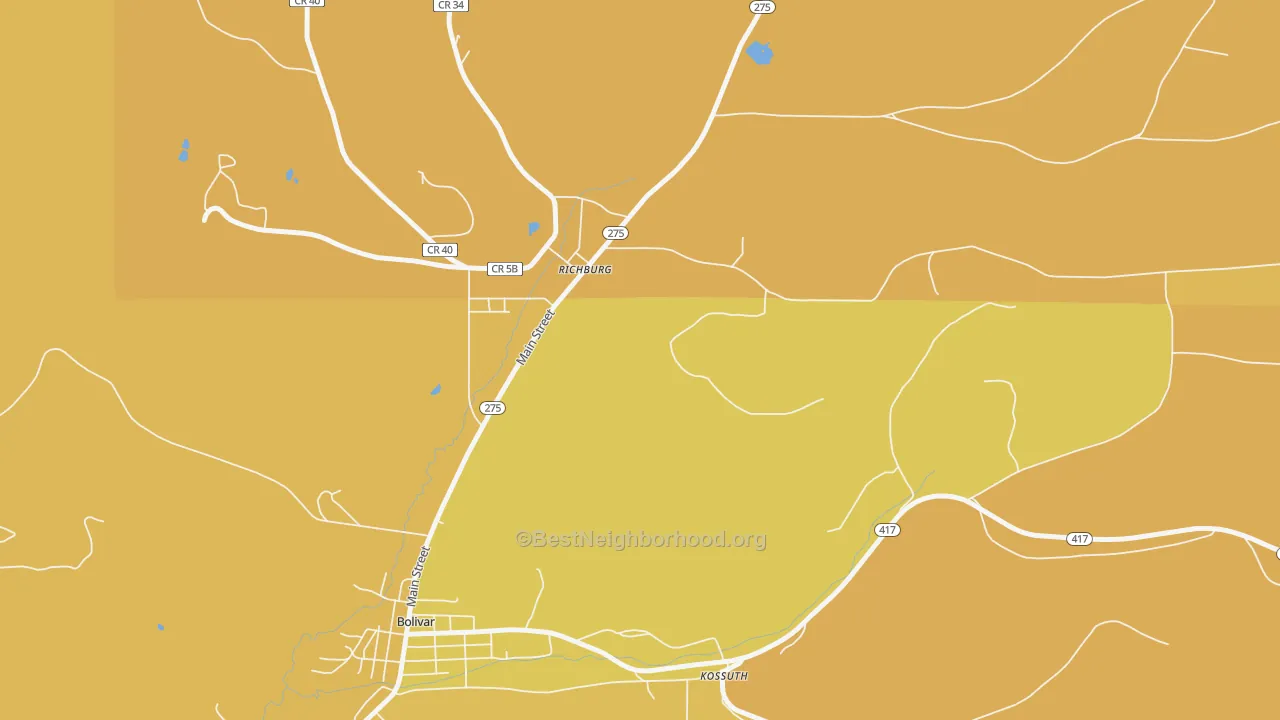 Map of the best neighborhoods in the 14774 area, with better matches in green and worse matches in red