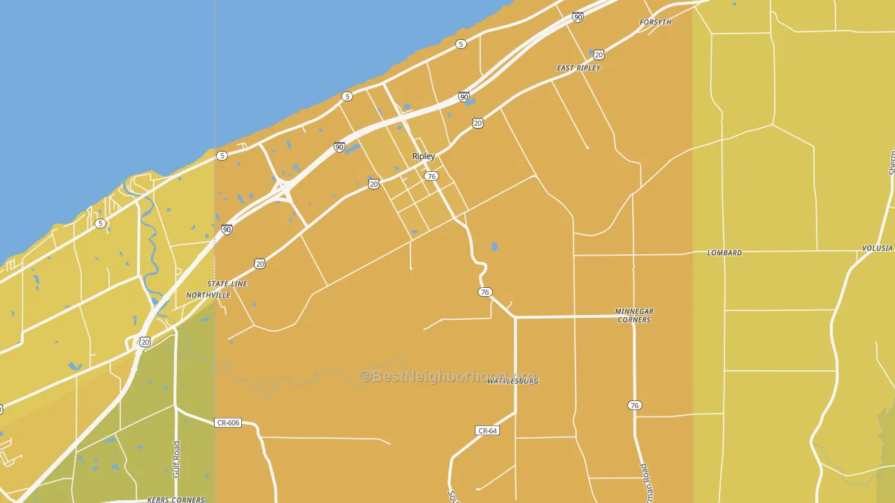 Map of the best neighborhoods in the 14775 area, with better matches in green and worse matches in red