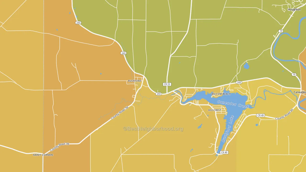 Map of the best neighborhoods in the 14777 area, with better matches in green and worse matches in red