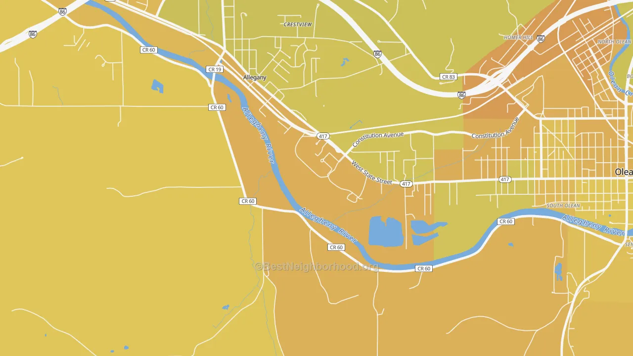 Map of the best neighborhoods in the 14778 area, with better matches in green and worse matches in red