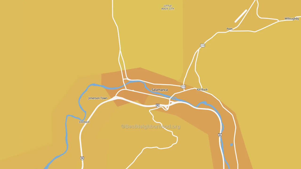 Map of the best neighborhoods in the 14779 area, with better matches in green and worse matches in red