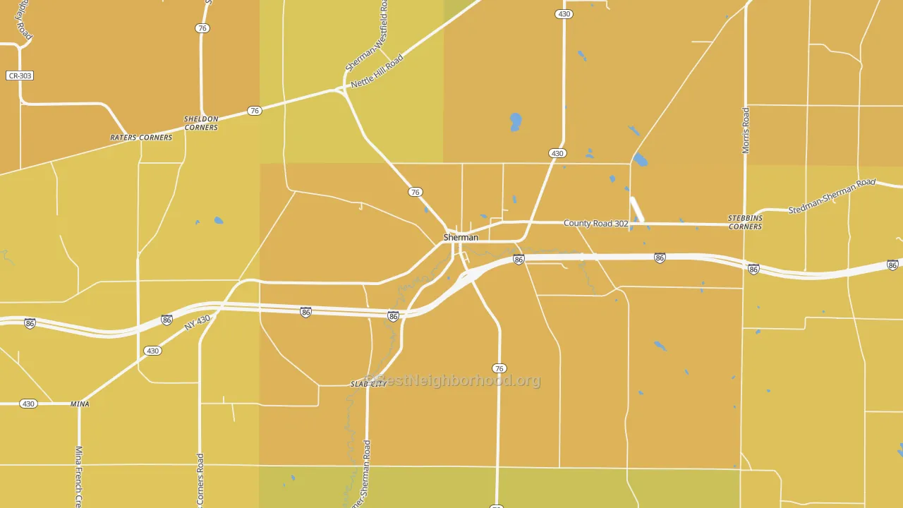 Map of the best neighborhoods in the 14781 area, with better matches in green and worse matches in red