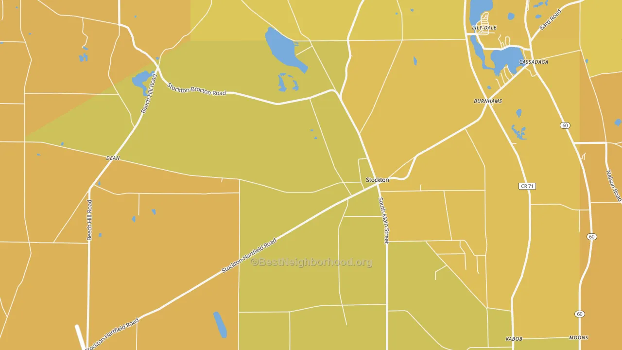 Map of the best neighborhoods in the 14784 area, with better matches in green and worse matches in red