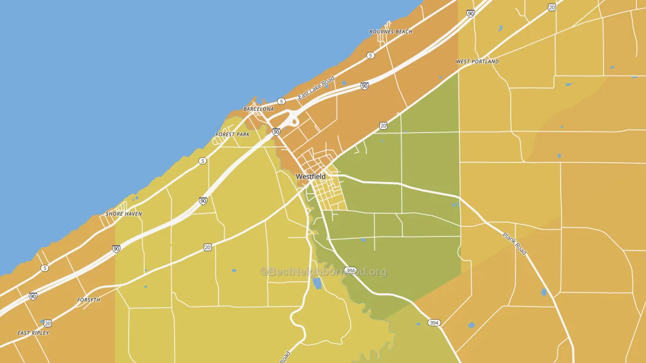 Map of the best neighborhoods in the 14787 area, with better matches in green and worse matches in red