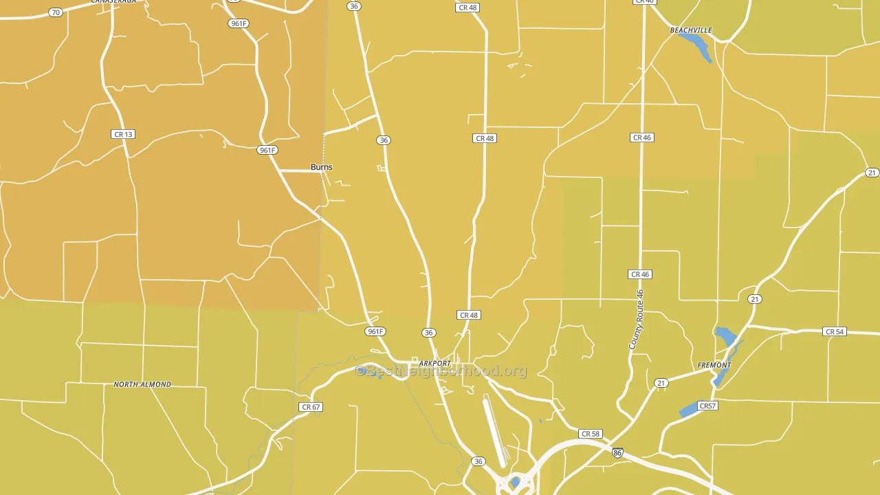 Map of the best neighborhoods in the 14807 area, with better matches in green and worse matches in red
