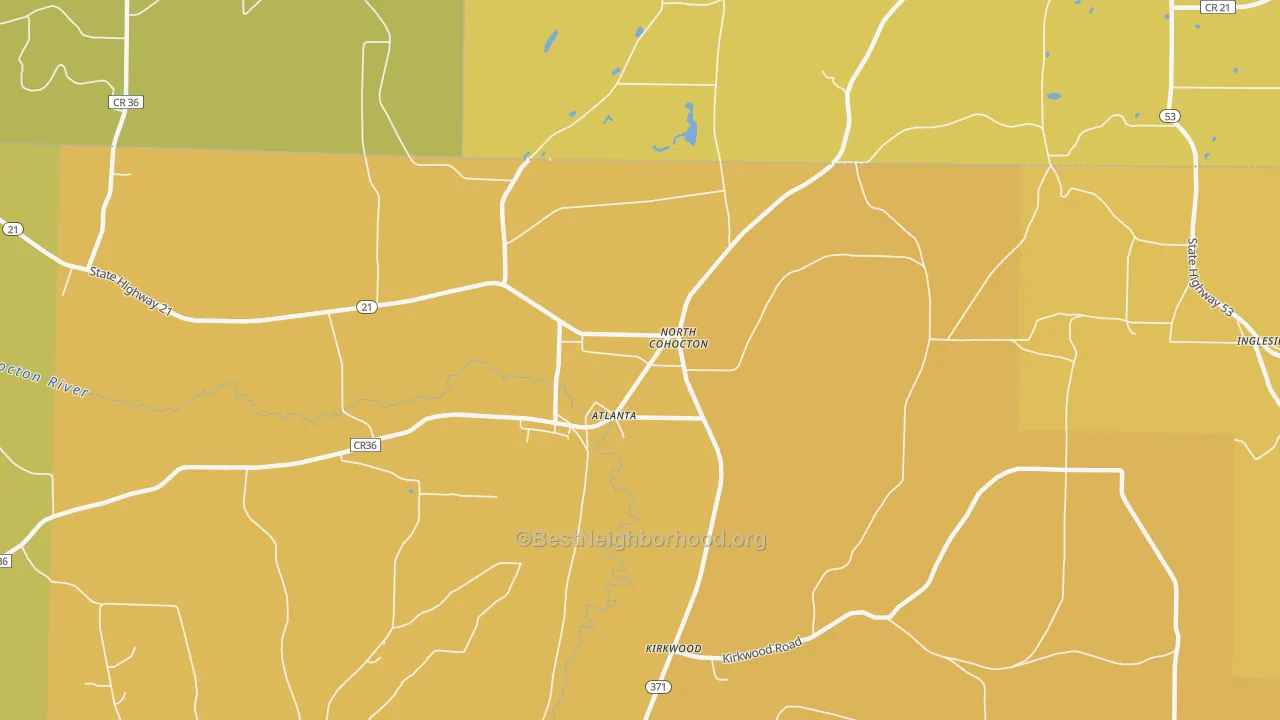Map of the best neighborhoods in the 14808 area, with better matches in green and worse matches in red