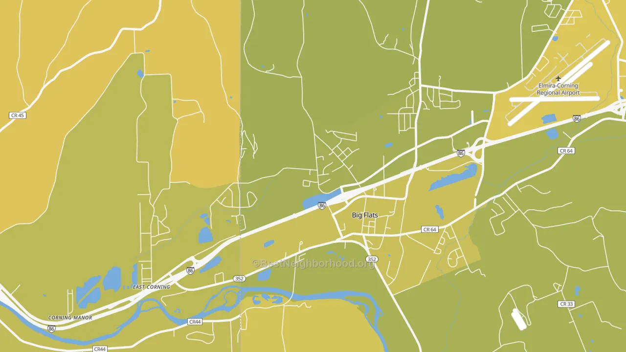 Map of the best neighborhoods in the 14814 area, with better matches in green and worse matches in red