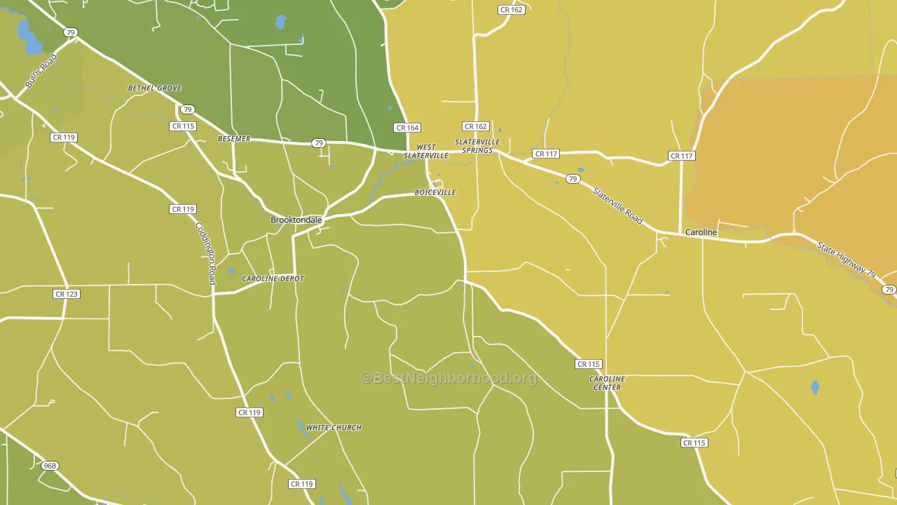 Map of the best neighborhoods in the 14817 area, with better matches in green and worse matches in red