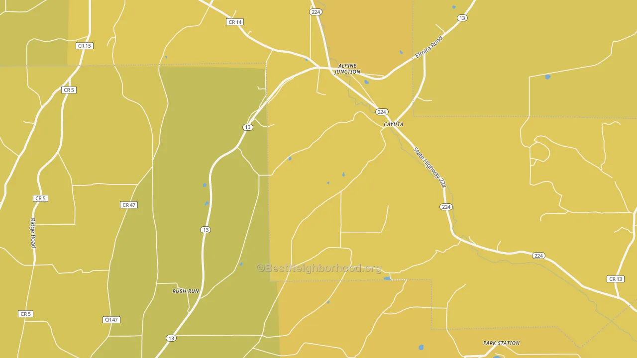 Map of the best neighborhoods in the 14824 area, with better matches in green and worse matches in red