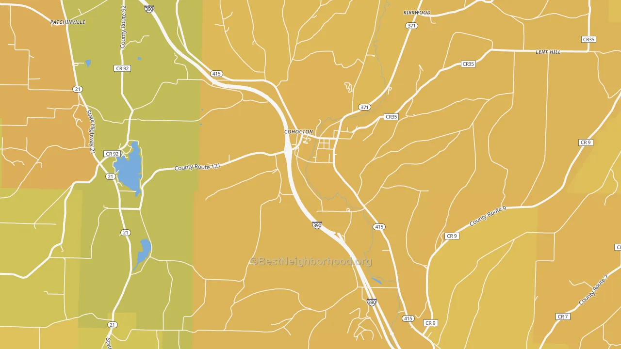 Map of the best neighborhoods in the 14826 area, with better matches in green and worse matches in red