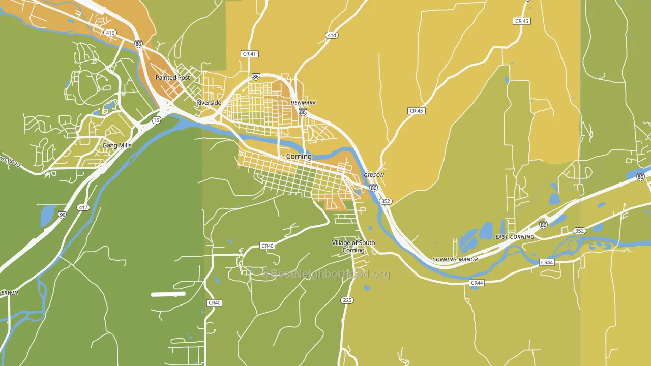 Map of the best neighborhoods in the 14830 area, with better matches in green and worse matches in red
