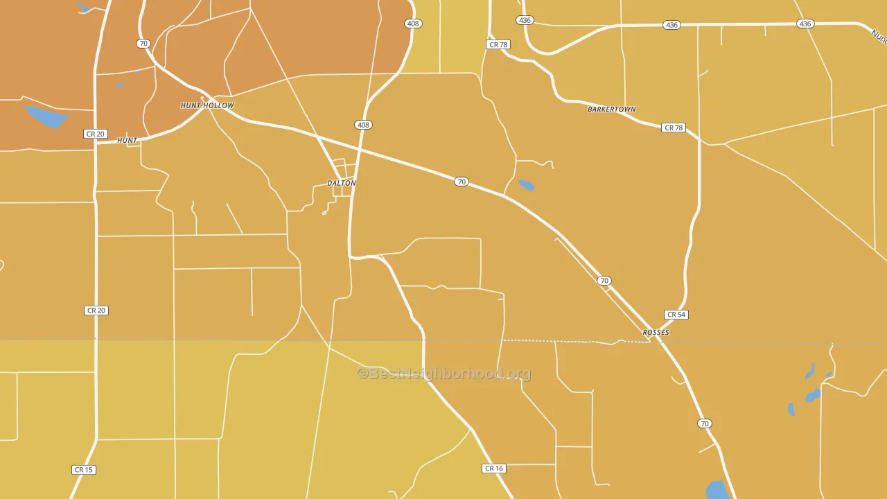 Map of the best neighborhoods in the 14836 area, with better matches in green and worse matches in red