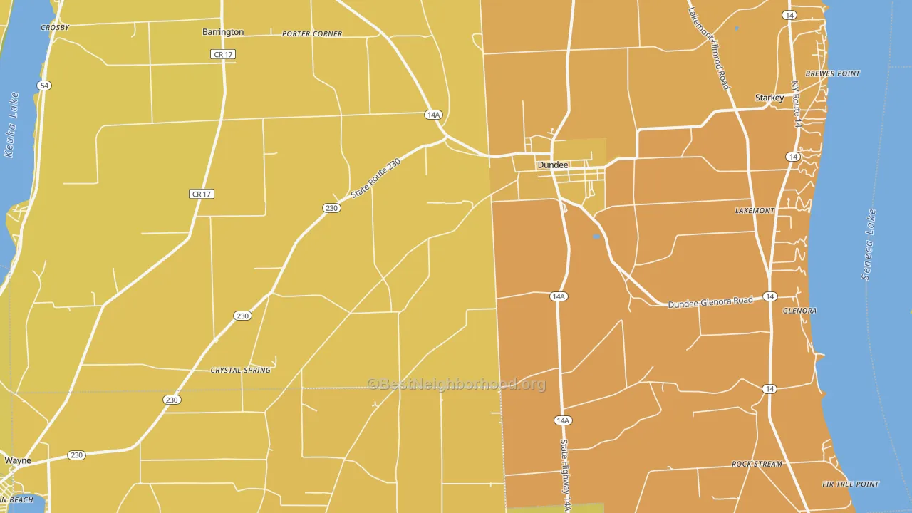 Map of the best neighborhoods in the 14837 area, with better matches in green and worse matches in red