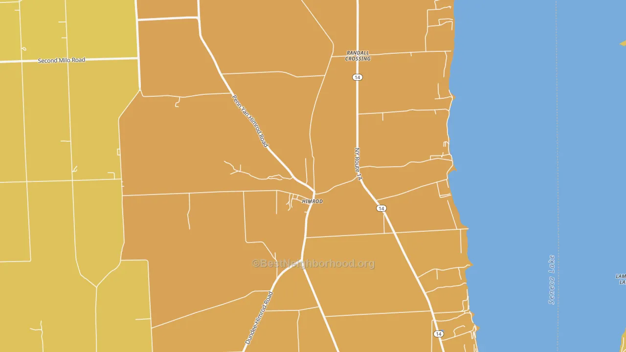 Map of the best neighborhoods in the 14842 area, with better matches in green and worse matches in red