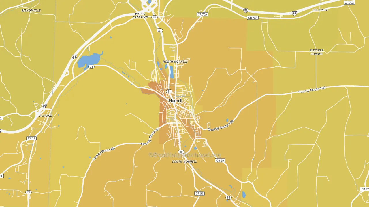 Map of the best neighborhoods in the 14843 area, with better matches in green and worse matches in red