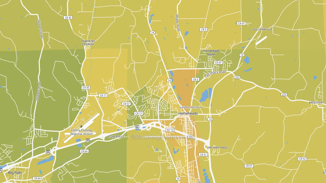 Map of the best neighborhoods in the 14845 area, with better matches in green and worse matches in red