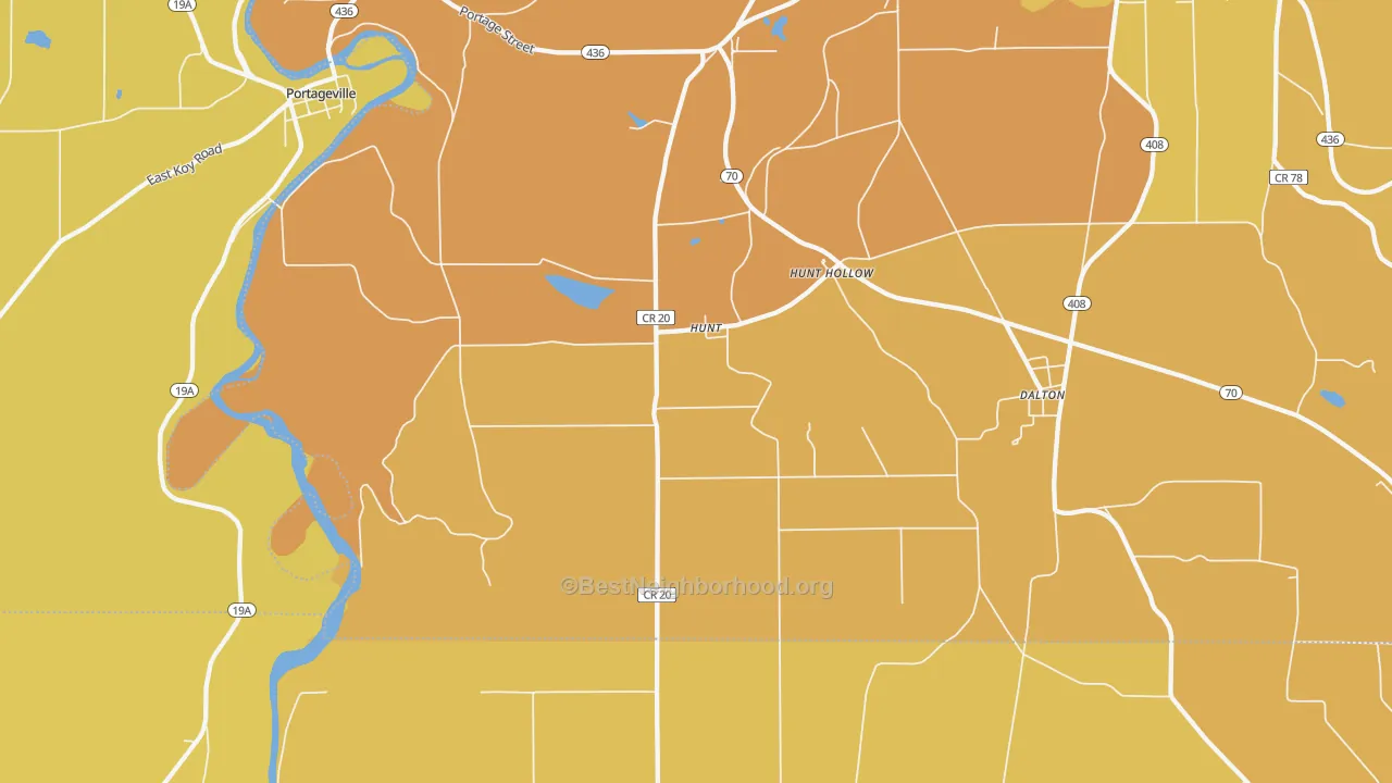 Map of the best neighborhoods in the 14846 area, with better matches in green and worse matches in red