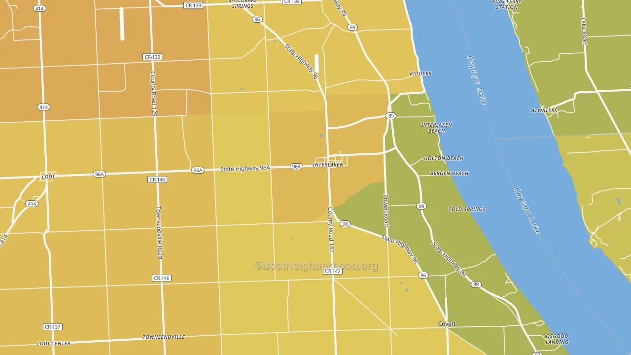 Map of the best neighborhoods in the 14847 area, with better matches in green and worse matches in red