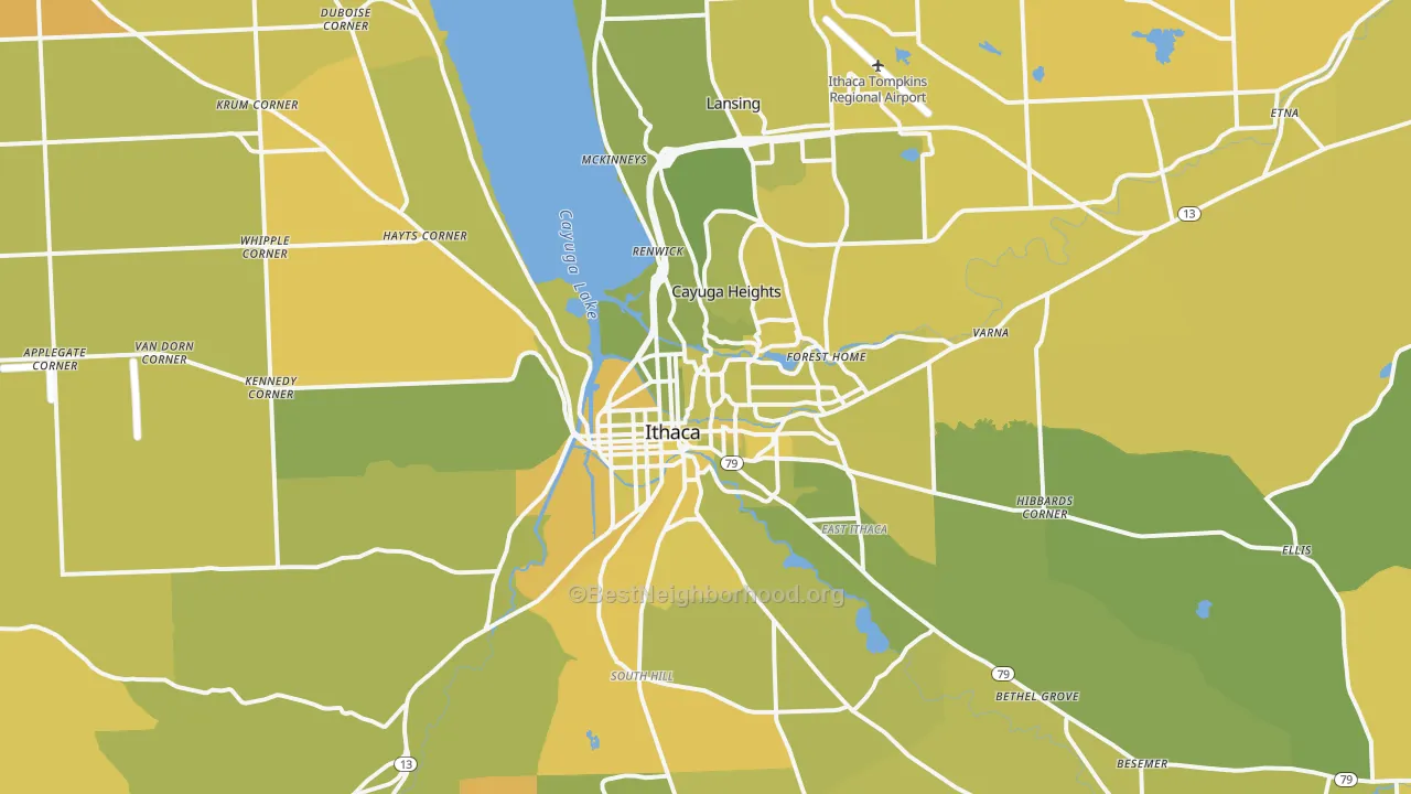 Map of the best neighborhoods in the 14850 area, with better matches in green and worse matches in red