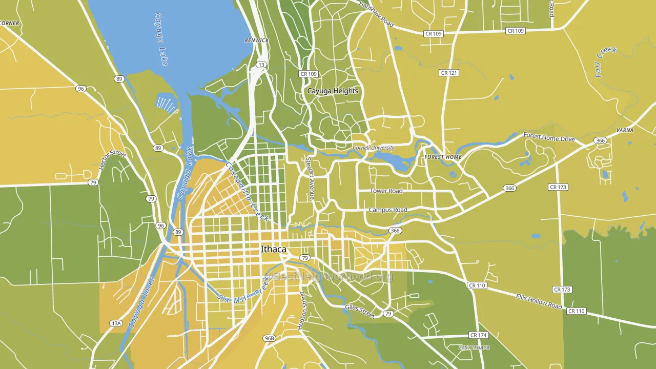 Map of the best neighborhoods in the 14853 area, with better matches in green and worse matches in red