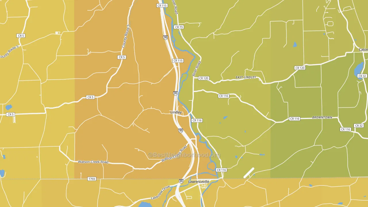 Map of the best neighborhoods in the 14858 area, with better matches in green and worse matches in red