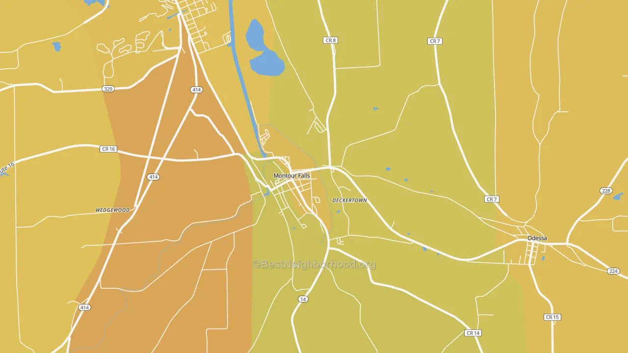 Map of the best neighborhoods in the 14865 area, with better matches in green and worse matches in red